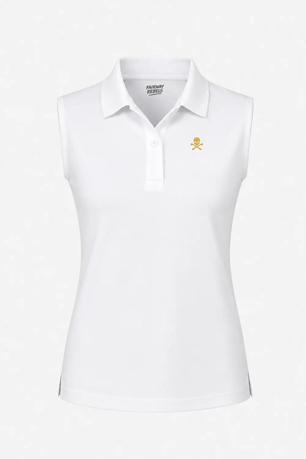Polo golf sans manches blanc, col polo, petite broderie jaune sur la poitrine