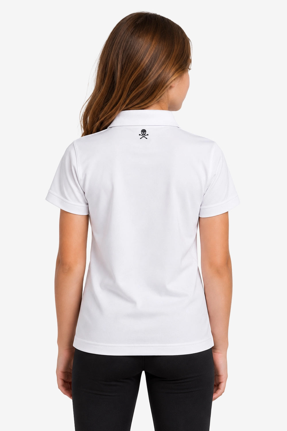 Polo technique fille blanc, dos avec imprimé près du col, manches courtes.