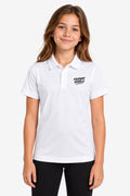 Polo technique fille blanc, col polo boutonné, logo poitrine « FAIRWAY REBELS ».