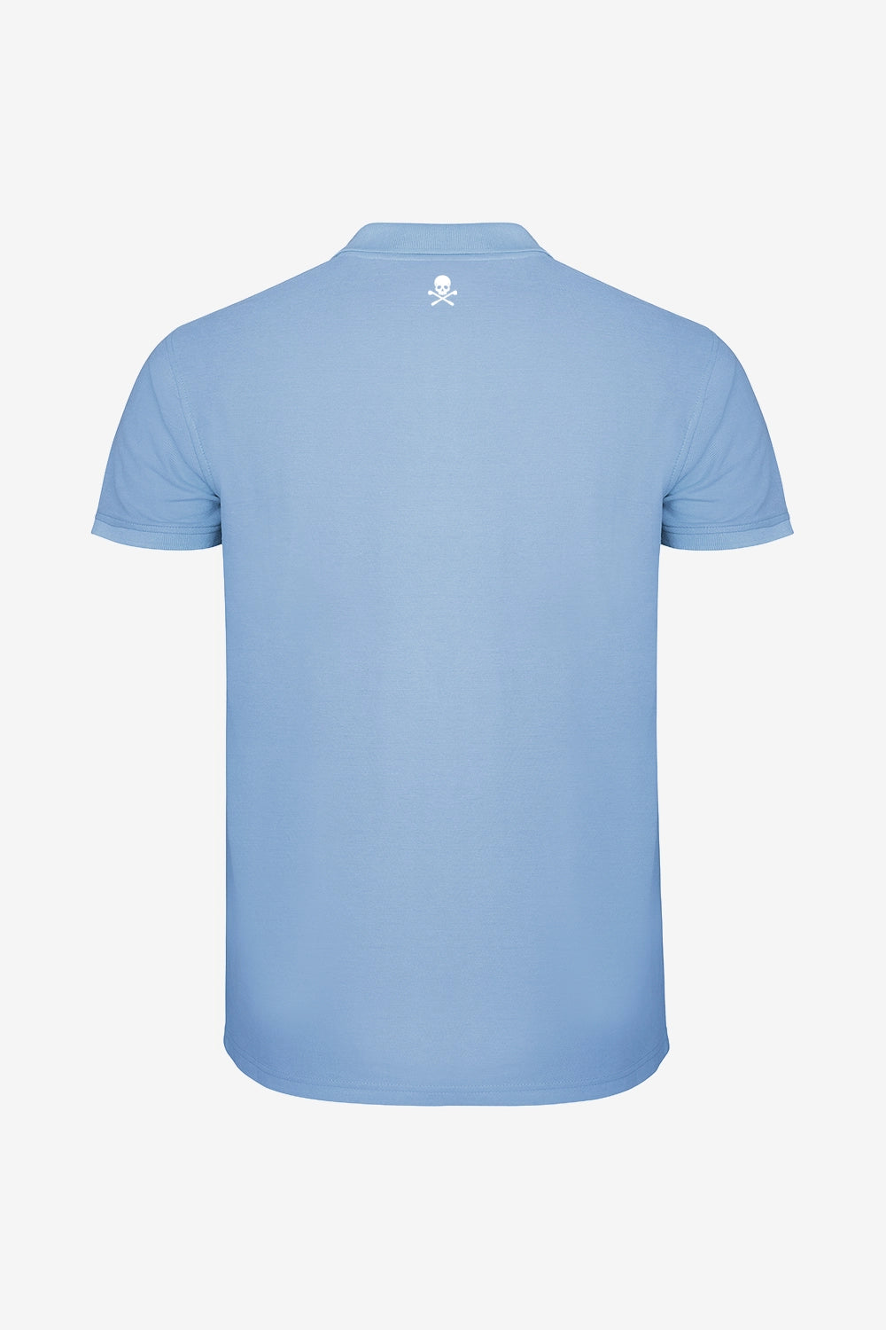 Polo fille en coton bleu ciel, vue dos, col avec patte boutonnée, petite broderie