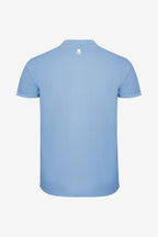 Polo fille en coton bleu ciel, vue dos, col avec patte boutonnée, petite broderie
