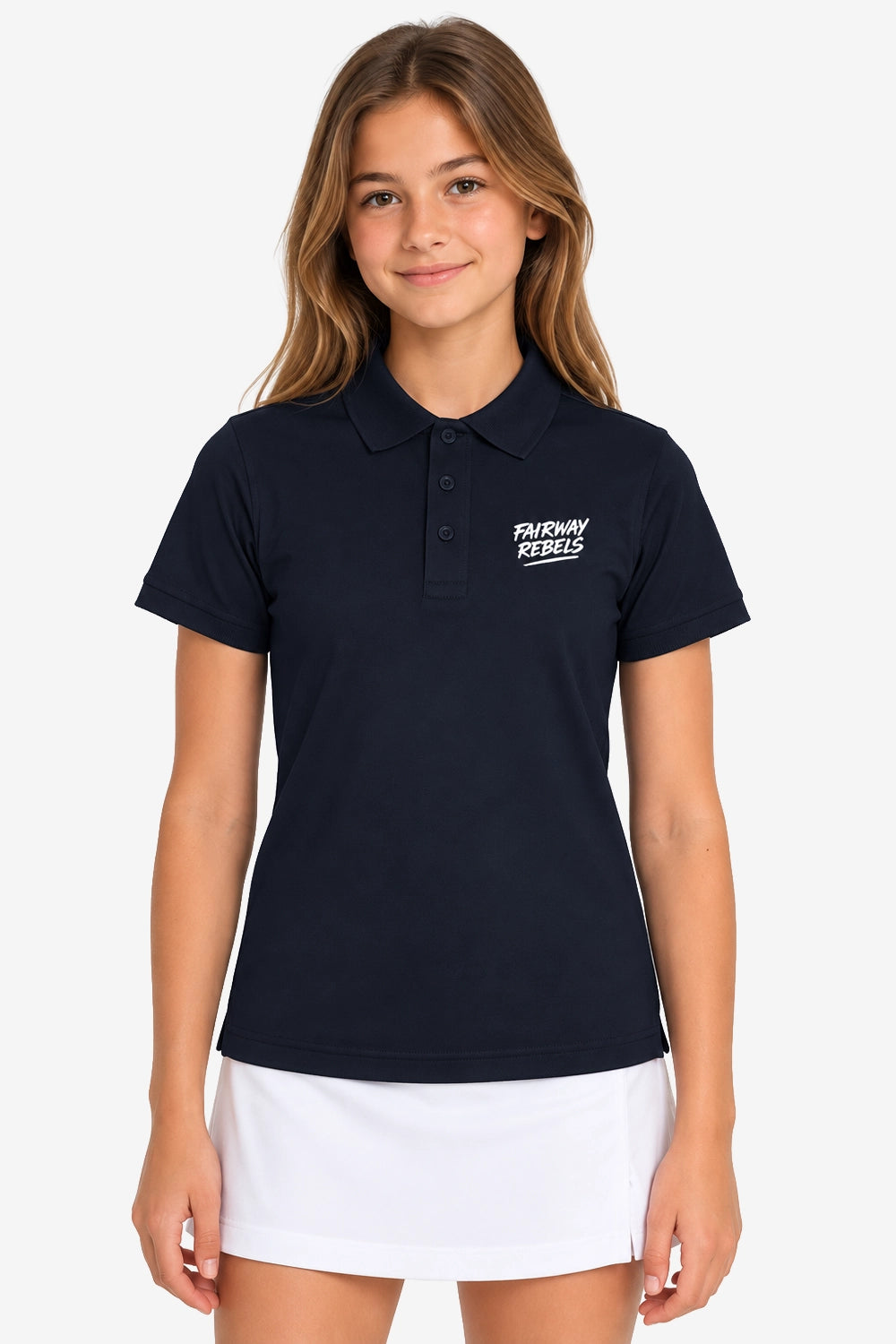 Polo technique fille bleu marine, col boutonné, logo poitrine, porté de face.