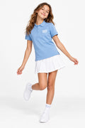 Polo fille bleu ciel en coton, avec jupe blanche plissée et manches courtes