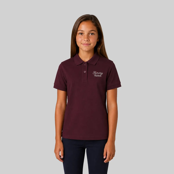 Polo fille en coton bordeaux, col chemise à boutons, logo brodé sur la poitrine.