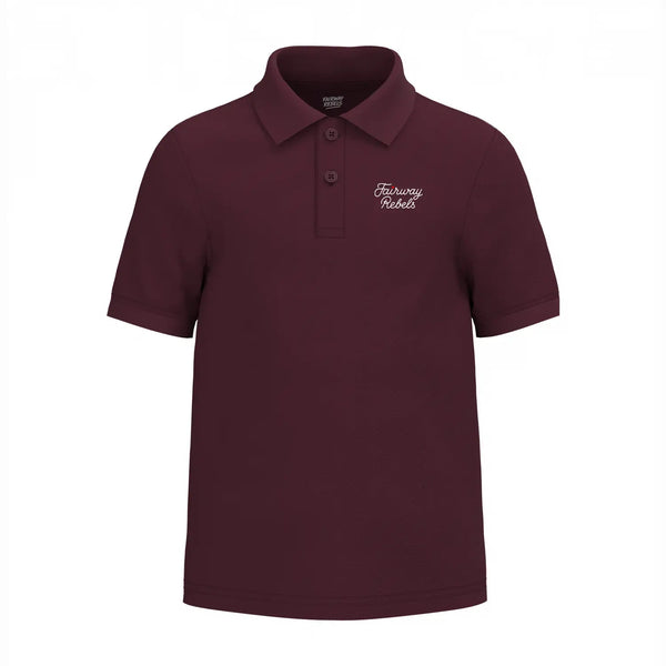 Polo fille en coton bordeaux, patte boutonnée et logo poitrine, vue de face.