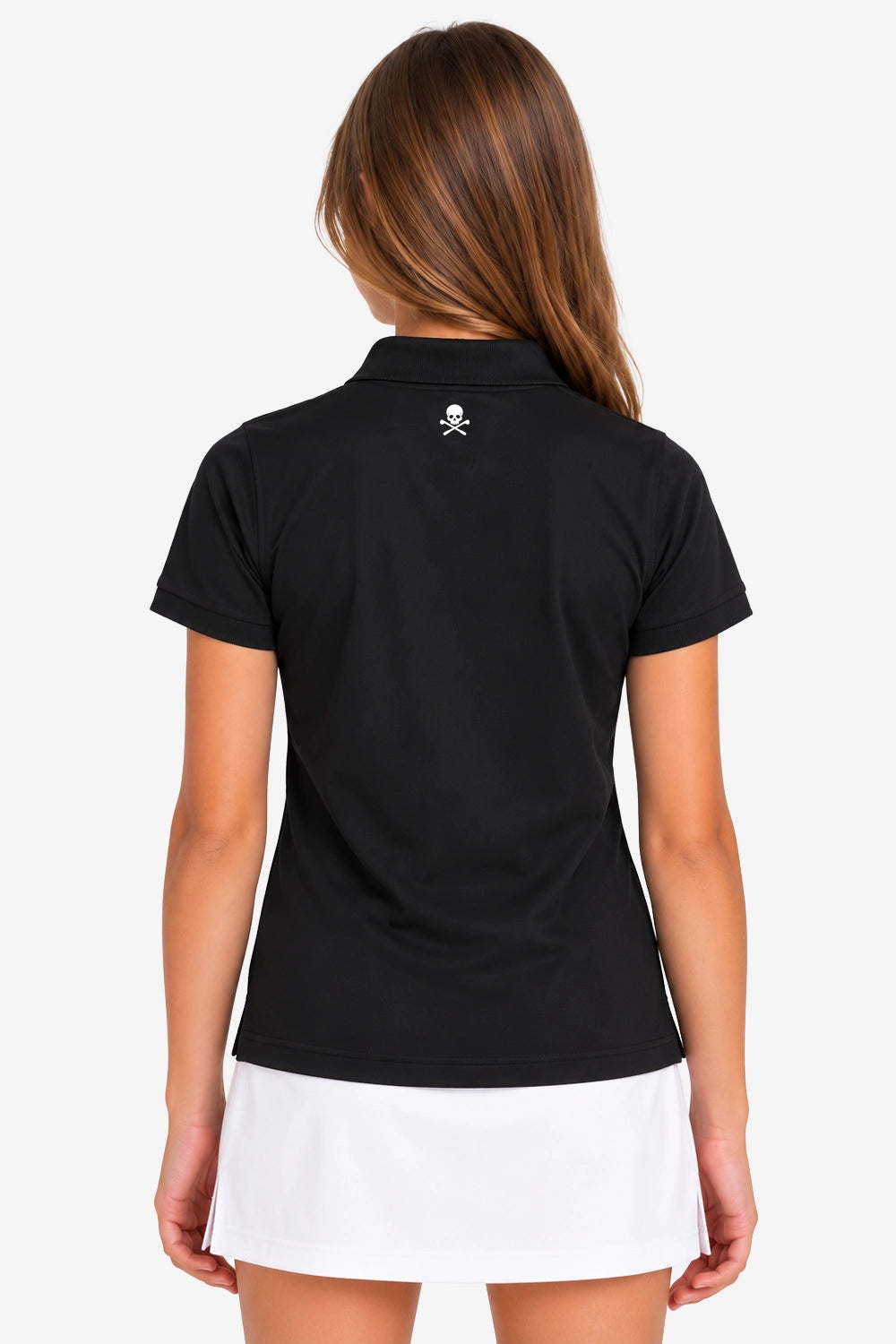 Polo technique noir fille, vue dos, col avec patte, petit logo central sur le haut du dos.