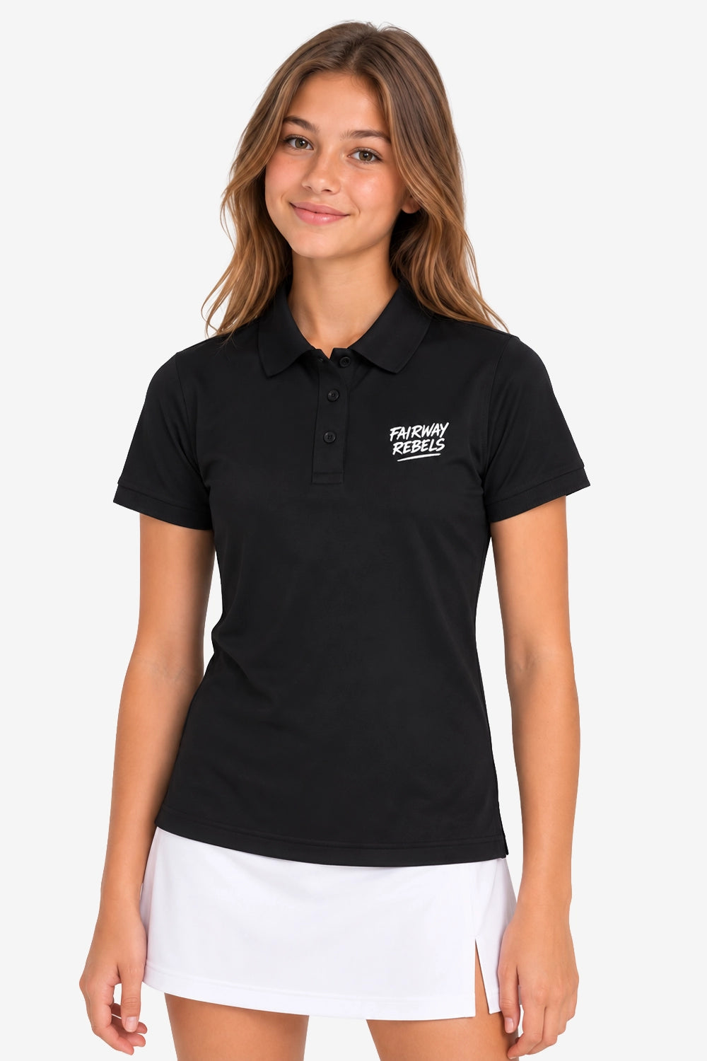 Polo technique noir fille, manches courtes, logo poitrine, col polo boutonné.