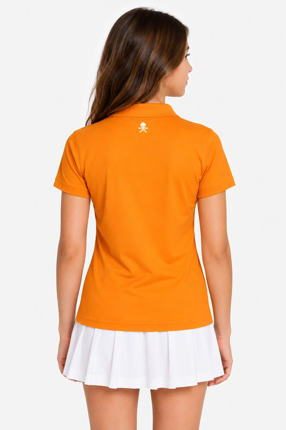 Polo orange pour fille, vue dos, col et manches courtes, logo dos.
