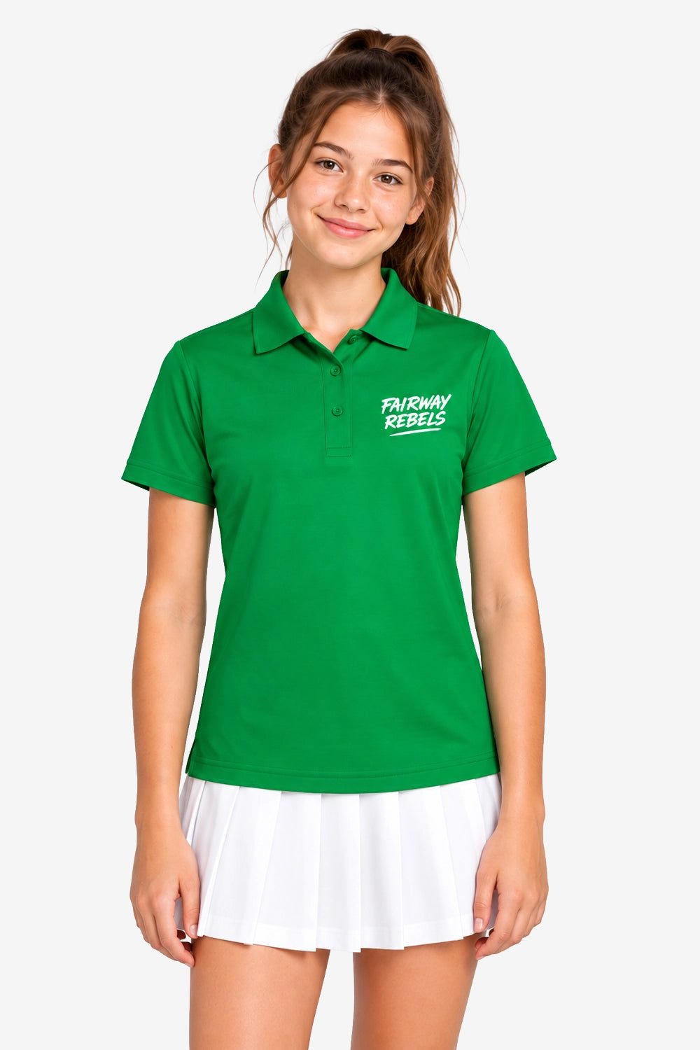 Polo technique fille vert à manches courtes, col, logo poitrine « RUNWAY REBELS »