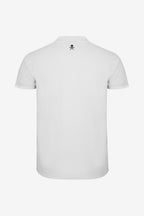 Polo en coton blanc garçon, vue dos, col polo et petit logo sur le haut.