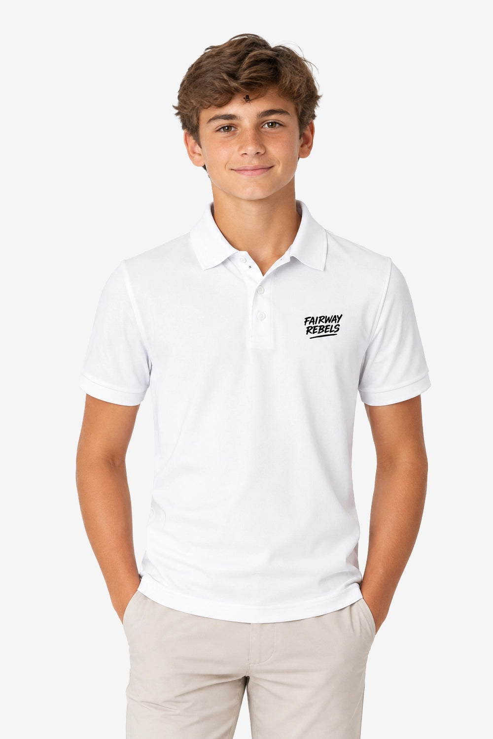 Polo de golf technique blanc garçon, col polo boutonné, logo poitrine et manches courtes