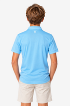 Polo technique garçon bleu ciel, vue dos avec petit logo arrière