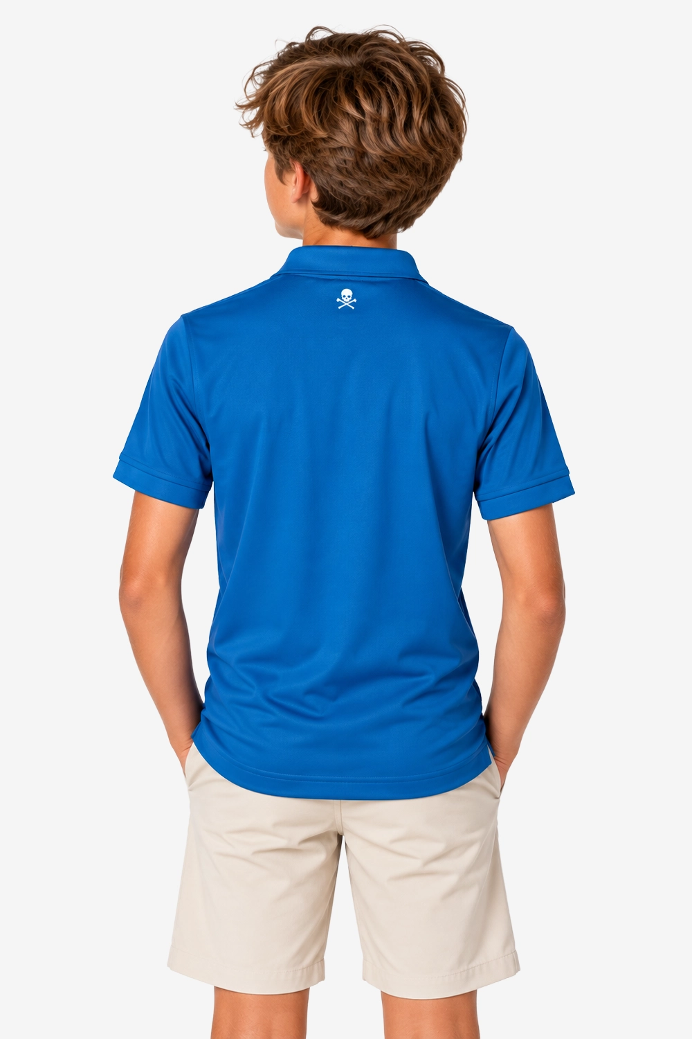 Polo technique bleu garçon, vue dos, col et patte boutonnée