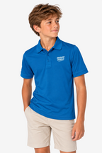 Polo technique bleu garçon, vue de face, logo poitrine discret