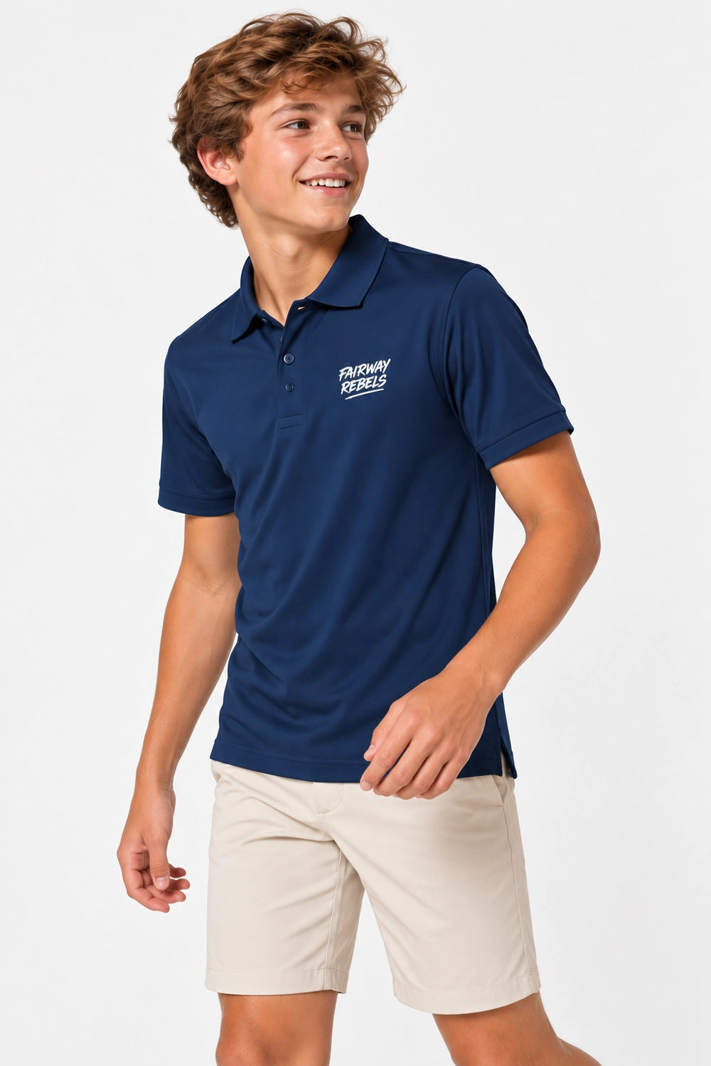 Polo technique de golf garçon bleu marine, manches courtes, col avec boutons, logo poitrine.