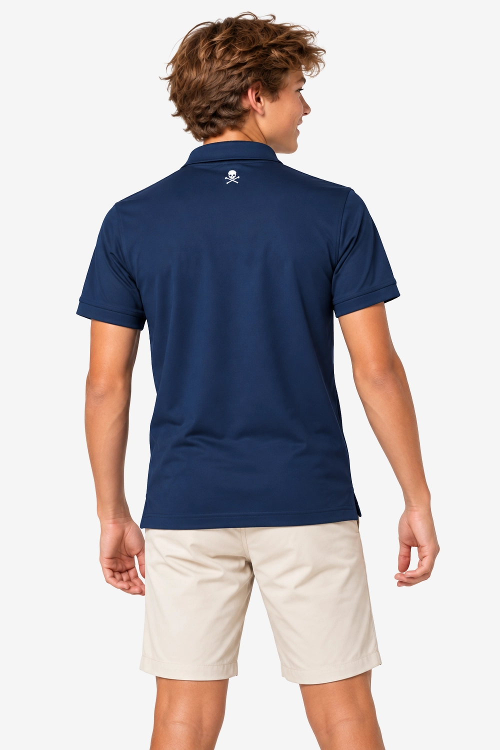 Polo technique de golf garçon bleu marine, dos uni, col et patte boutonnée, manches courtes.
