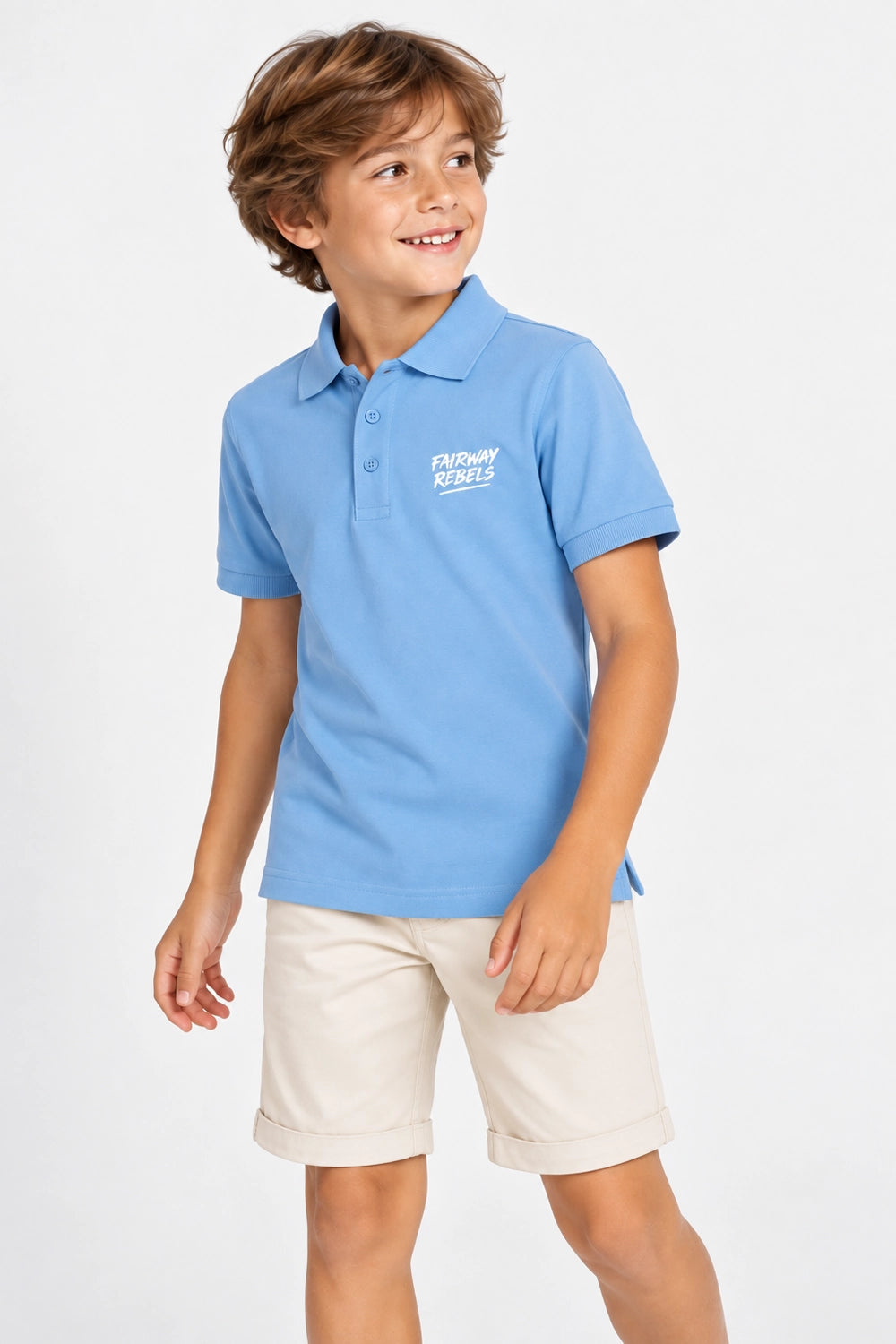 Polo garçon bleu ciel en coton, col et patte boutonnée, logo poitrine