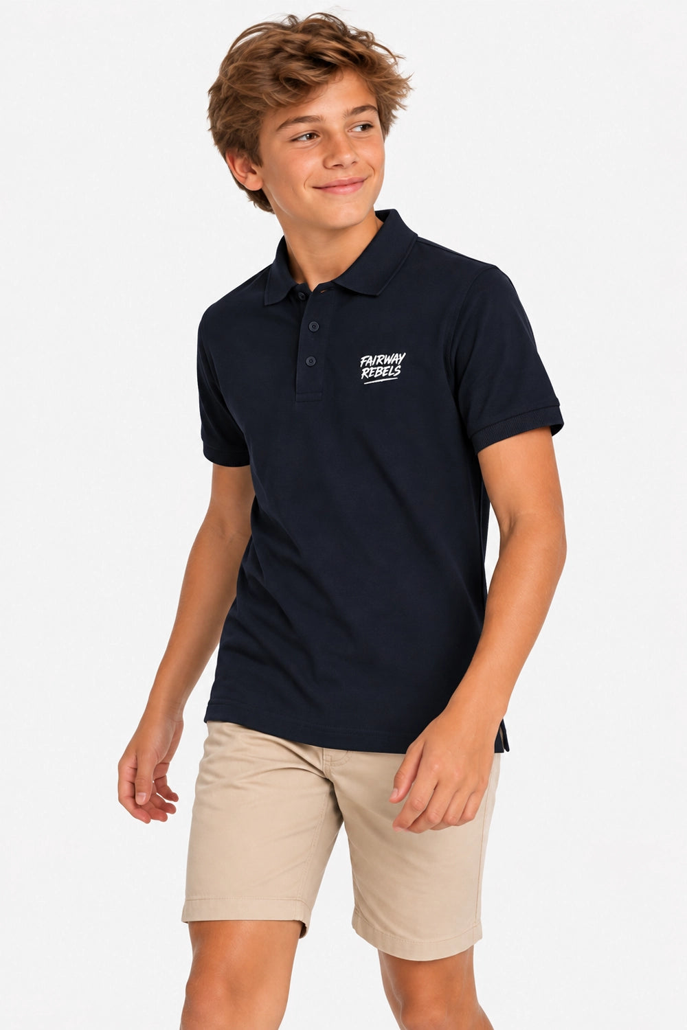 Polo coton garçon bleu marine, col boutonné et logo poitrine, manches courtes
