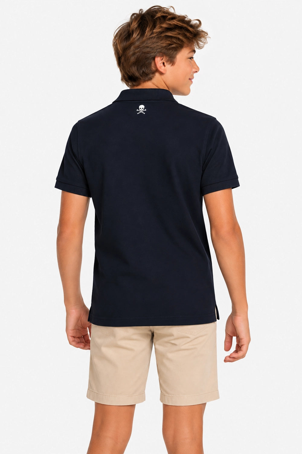 Polo coton garçon bleu marine, col boutonné, logo au dos, manches courtes