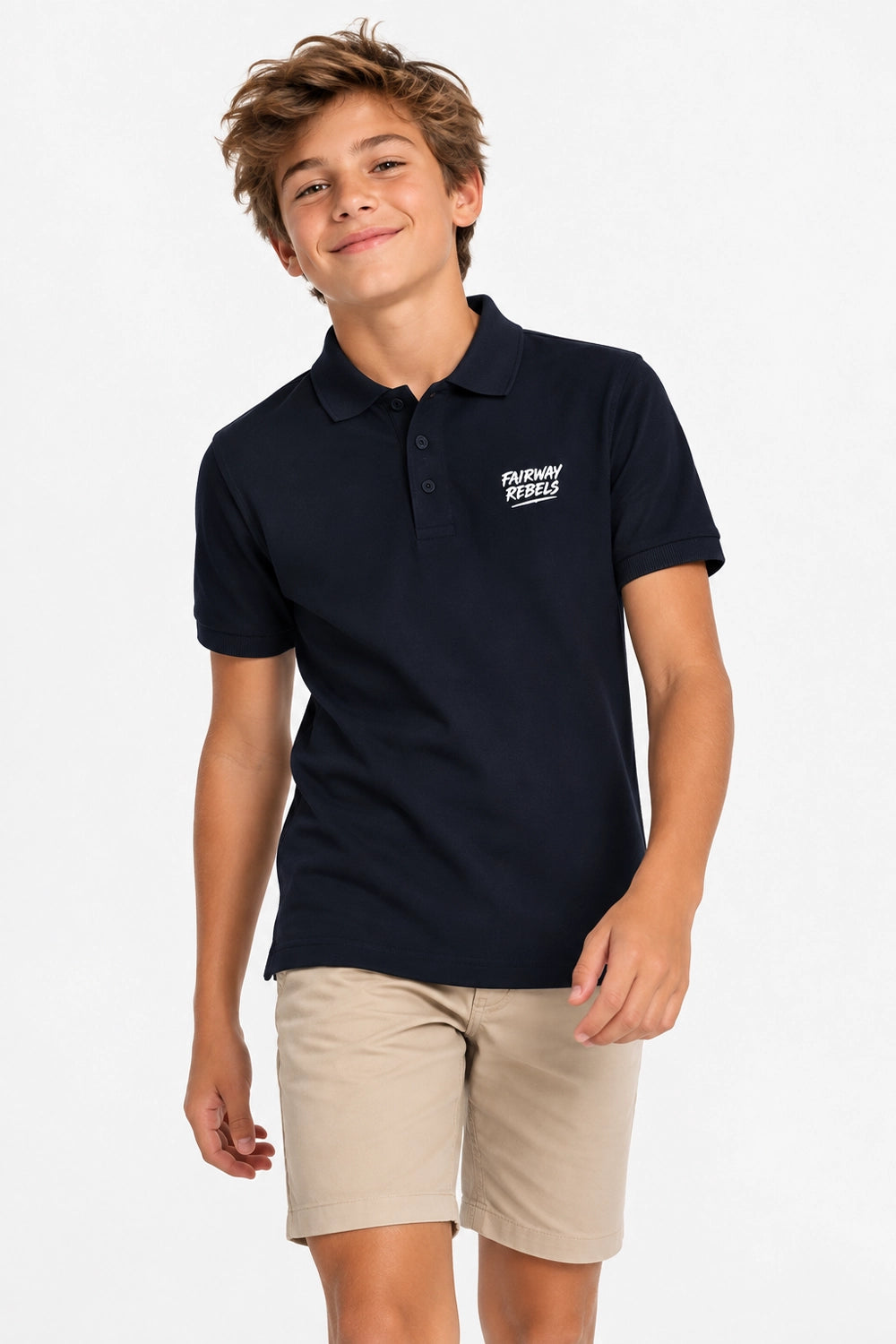 Polo coton garçon bleu marine en coton, col polo boutonné, logo poitrine