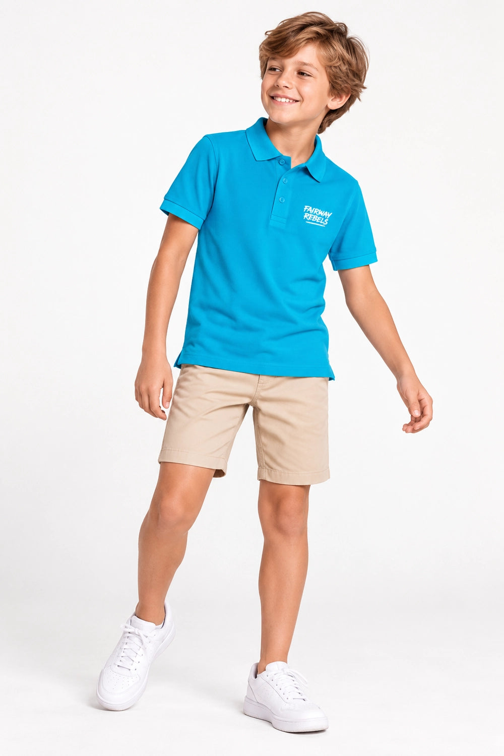 Polo en coton turquoise, broderie poitrine, col et patte boutonnée, garçon