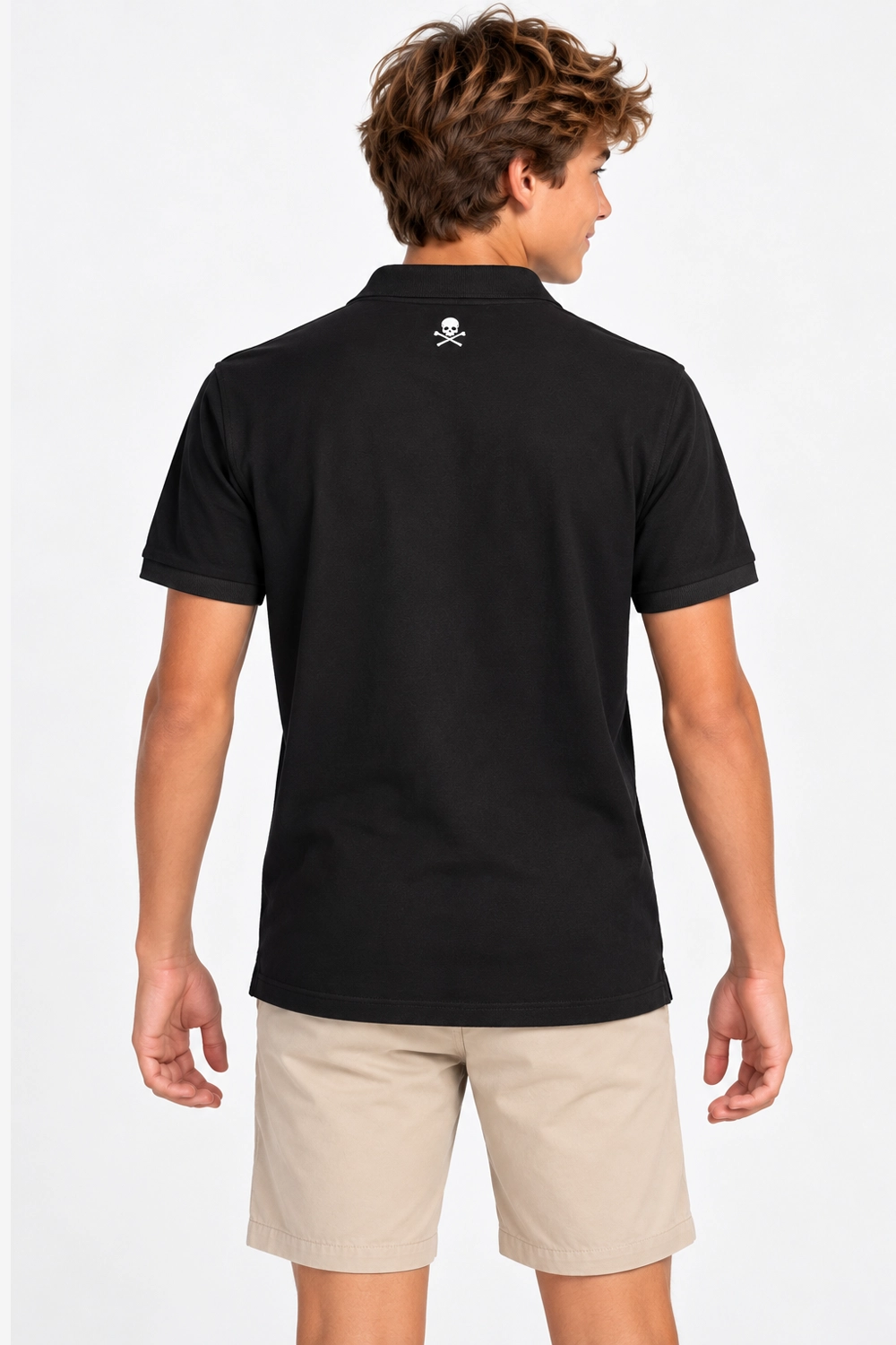 Polo garçon noir en coton, dos avec petit logo crâne au centre