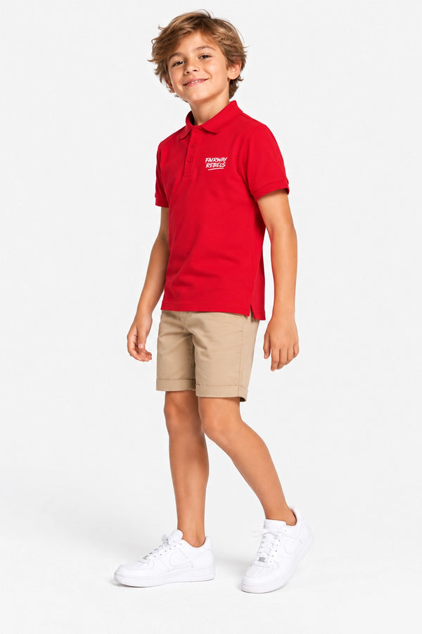 Polo manches courtes enfant rouge en coton, col avec patte boutonnée et logo poitrine