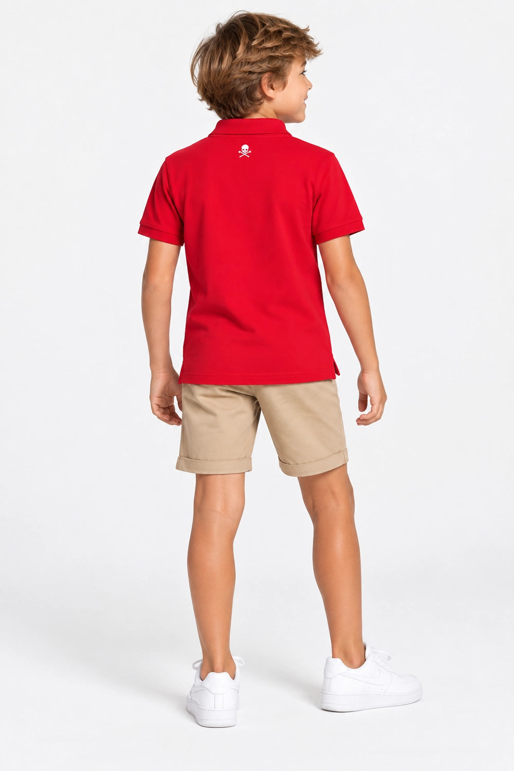 Polo enfant rouge en coton, vue dos avec col et petit logo central