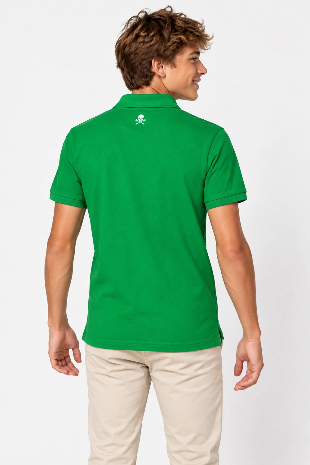 Polo golf vert coton garçon, vue dos avec motif au col