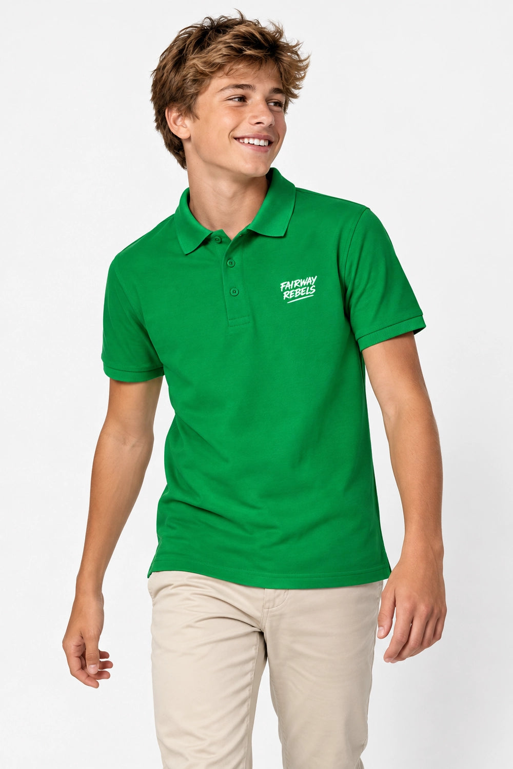 Polo golf vert coton garçon, col boutonné et logo poitrine