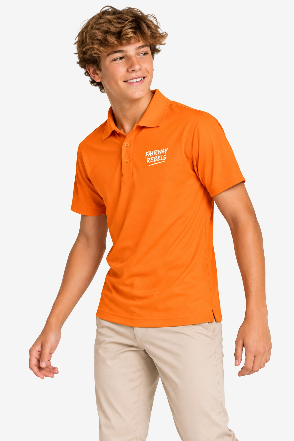 Polo de golf technique orange garçon, col côtelé et logo « FAIRWAY REBEL » poitrine.