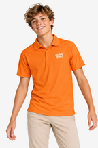Polo de golf technique orange garçon, patte de boutonnage et logo « FAIRWAY REBEL ».