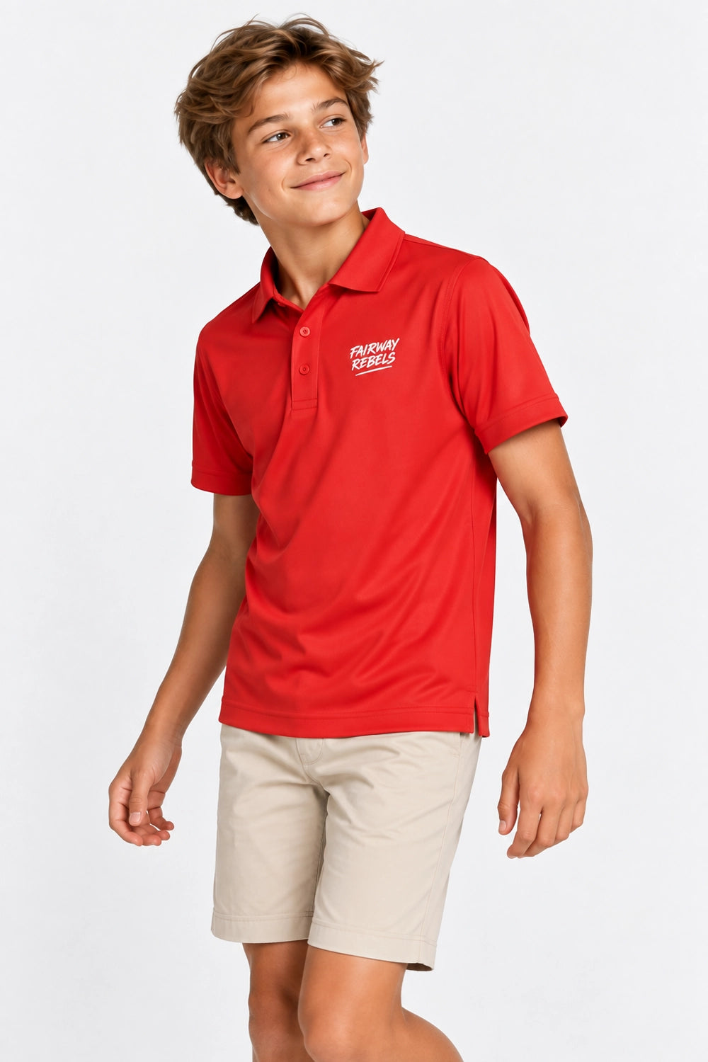 Polo de golf technique enfant rouge, col à 3 boutons, manches courtes, logo poitrine.