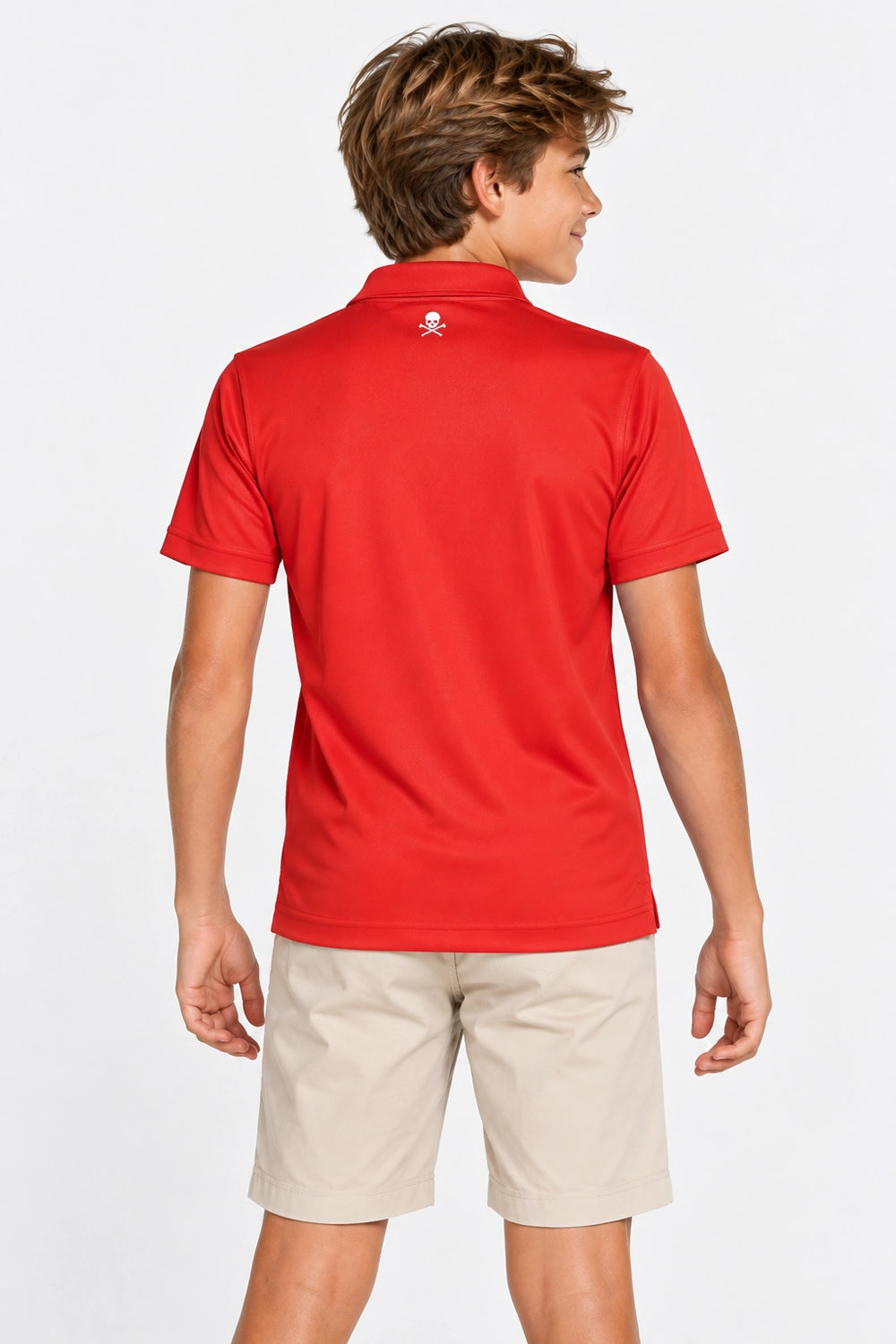 Polo de golf technique enfant rouge, dos avec petit logo, col à 3 boutons.
