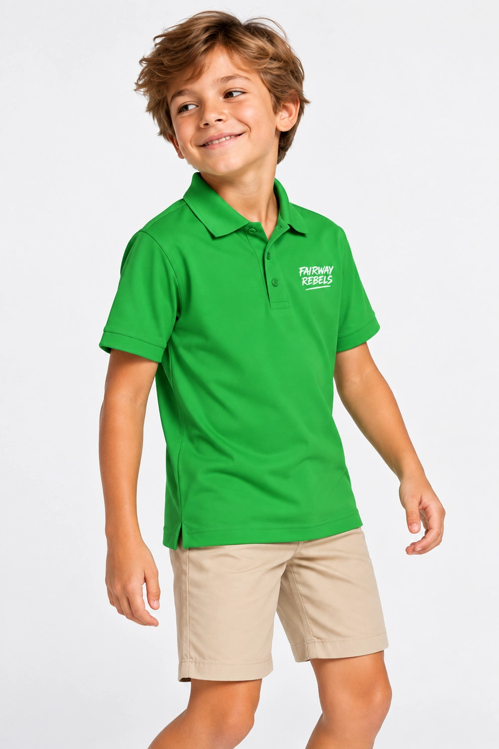 Polo technique vert à manches courtes, col et logo poitrine, avec short beige