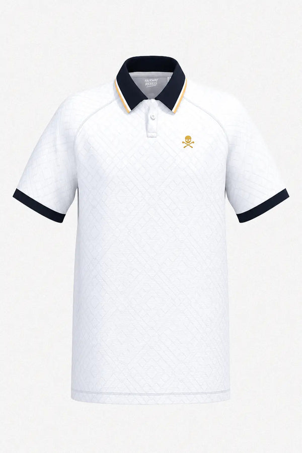 Polo homme blanc en maille dobby, col contrasté et patte boutonnée