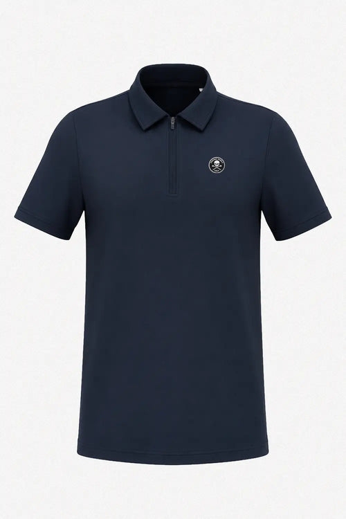 Polo manches courtes bleu marine homme à fermeture 1/4 zip et col classique
