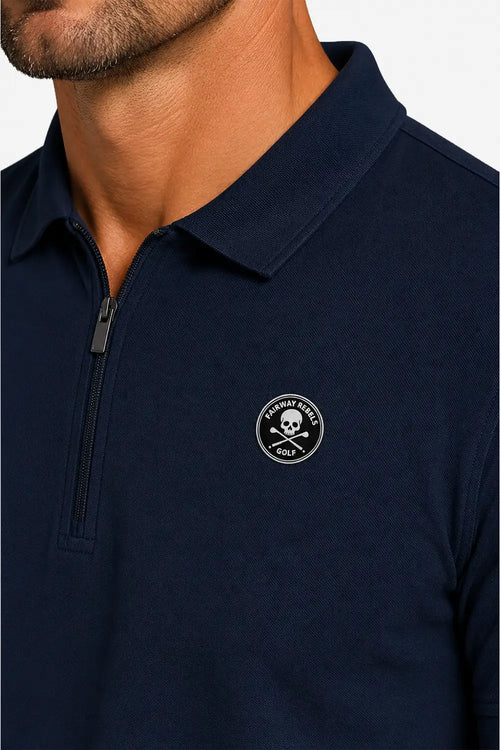 Polo homme bleu marine à demi-zip, badge Golf sur la poitrine