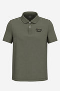 Polo homme coton vert olive, col à trois boutons et broderie poitrine décorative.