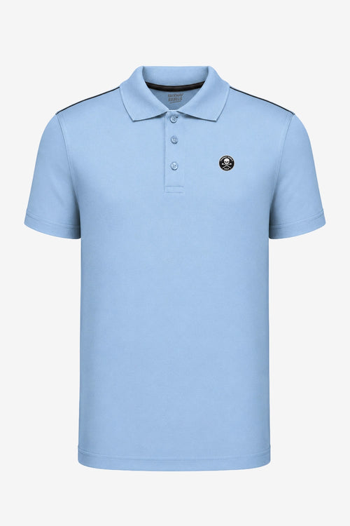 Polo homme stretch Cool Plus® bleu clair, col polo, patte boutonnée et écusson