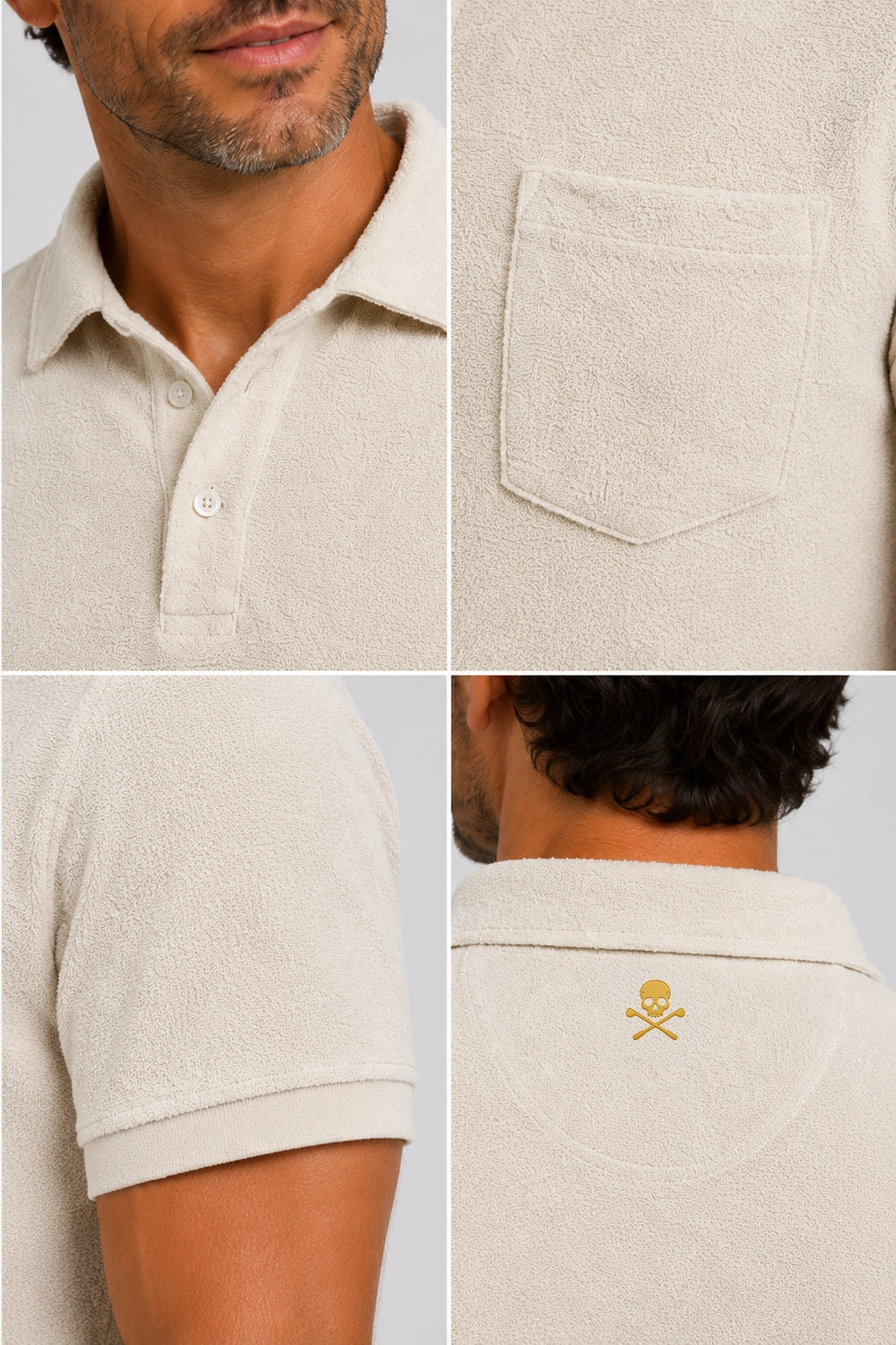 Polo de golf pour homme beige clair : col boutonné, poche poitrine, broderie dos.