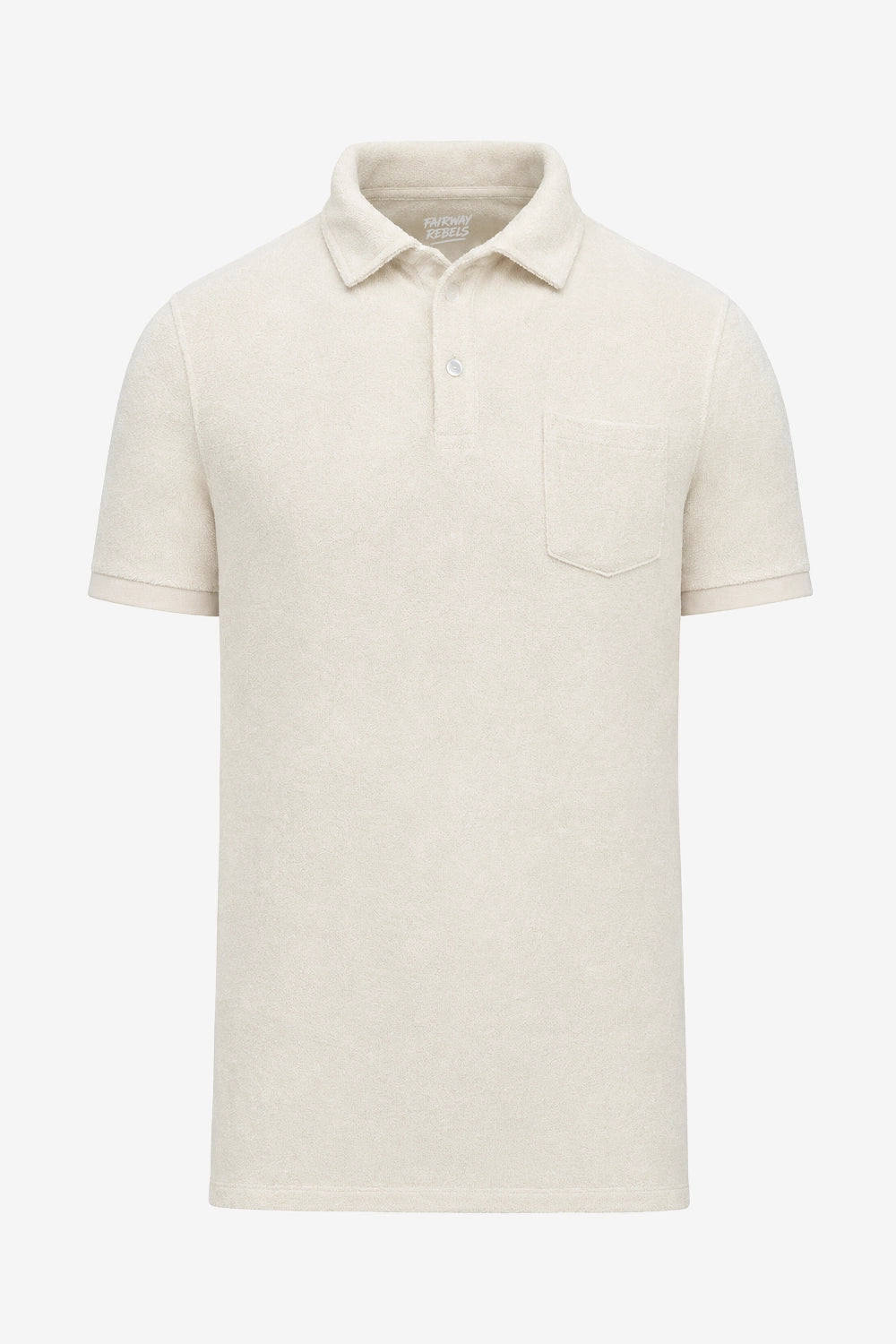 Polo de golf pour homme beige clair uni, col boutonné, poche poitrine, manches courtes.
