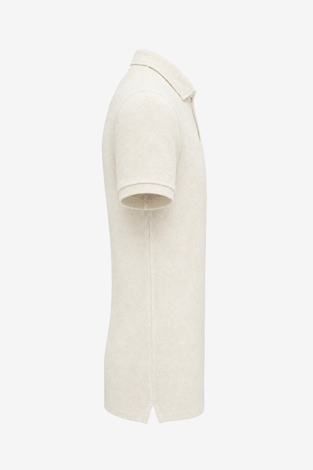 Polo de golf pour homme beige clair, vue de profil : manche courte et col.
