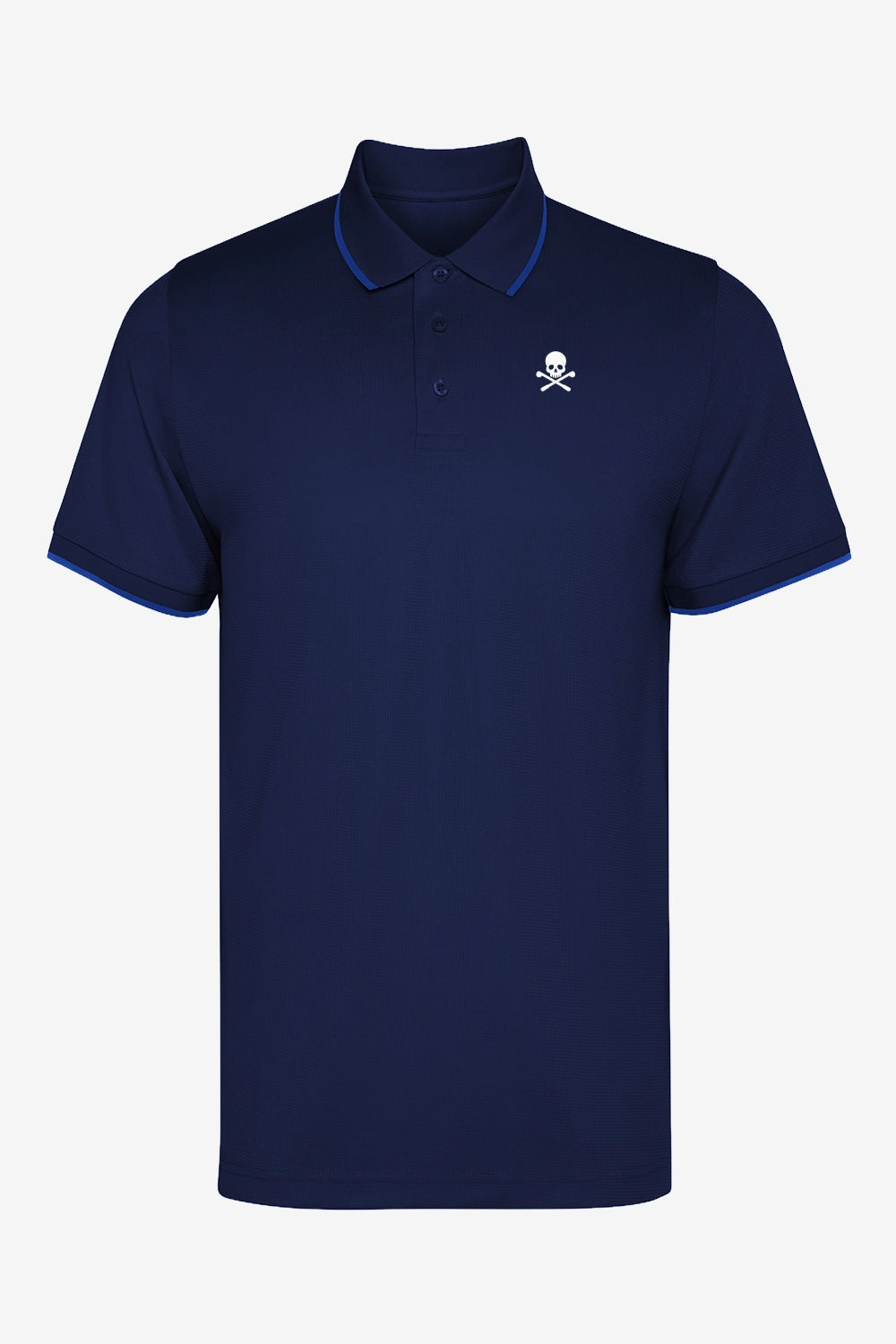 Polo de golf homme gaufré stretch bleu marine, col polo et patte de boutonnage, logo crâne