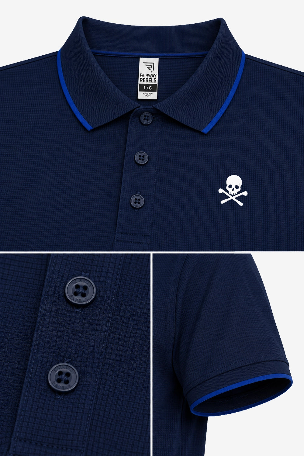 Polo bleu marine gaufré, col contrasté, boutons et logo tête de mort sur poitrine