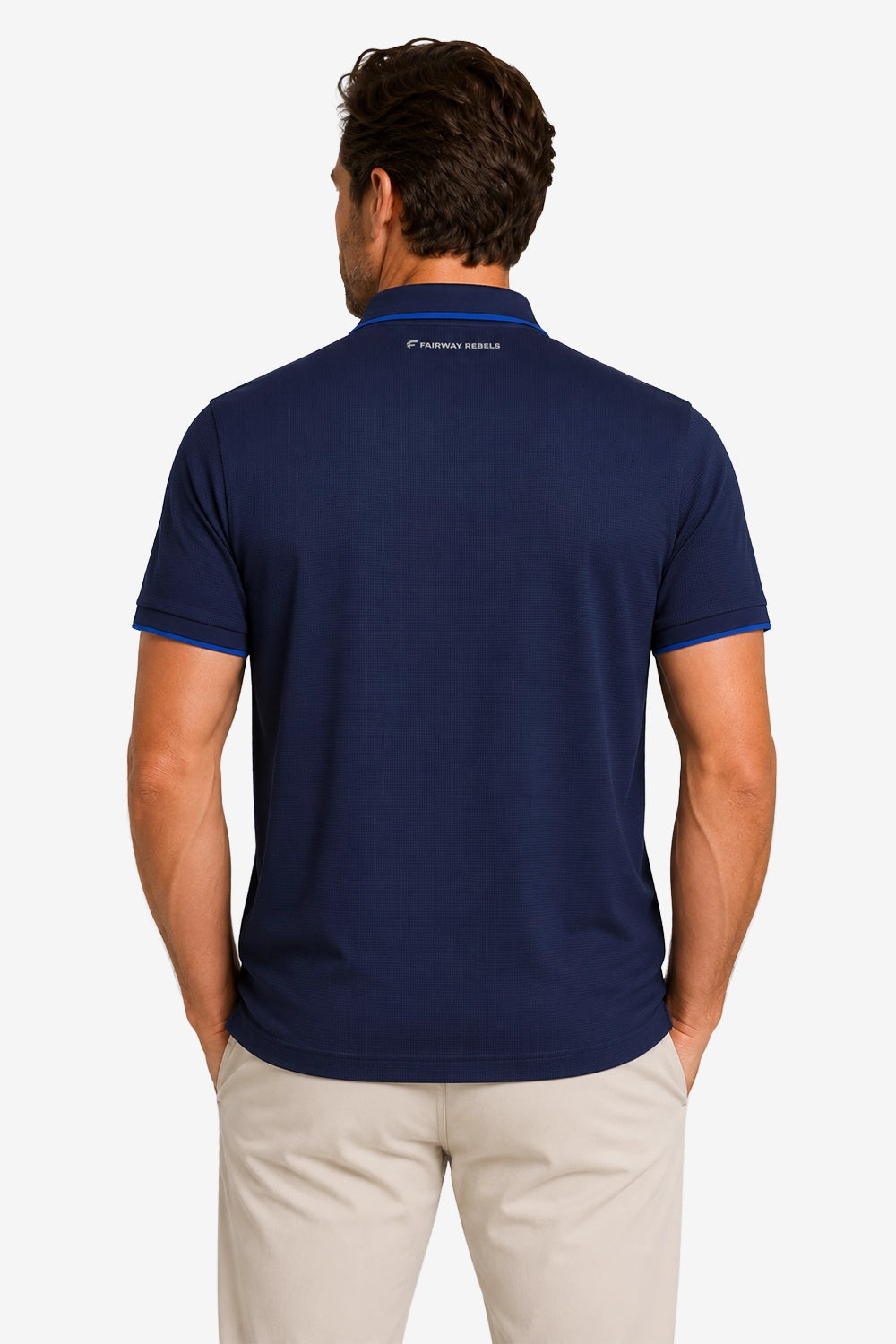 Polo bleu marine à liserés au col et manches courtes, vue dos