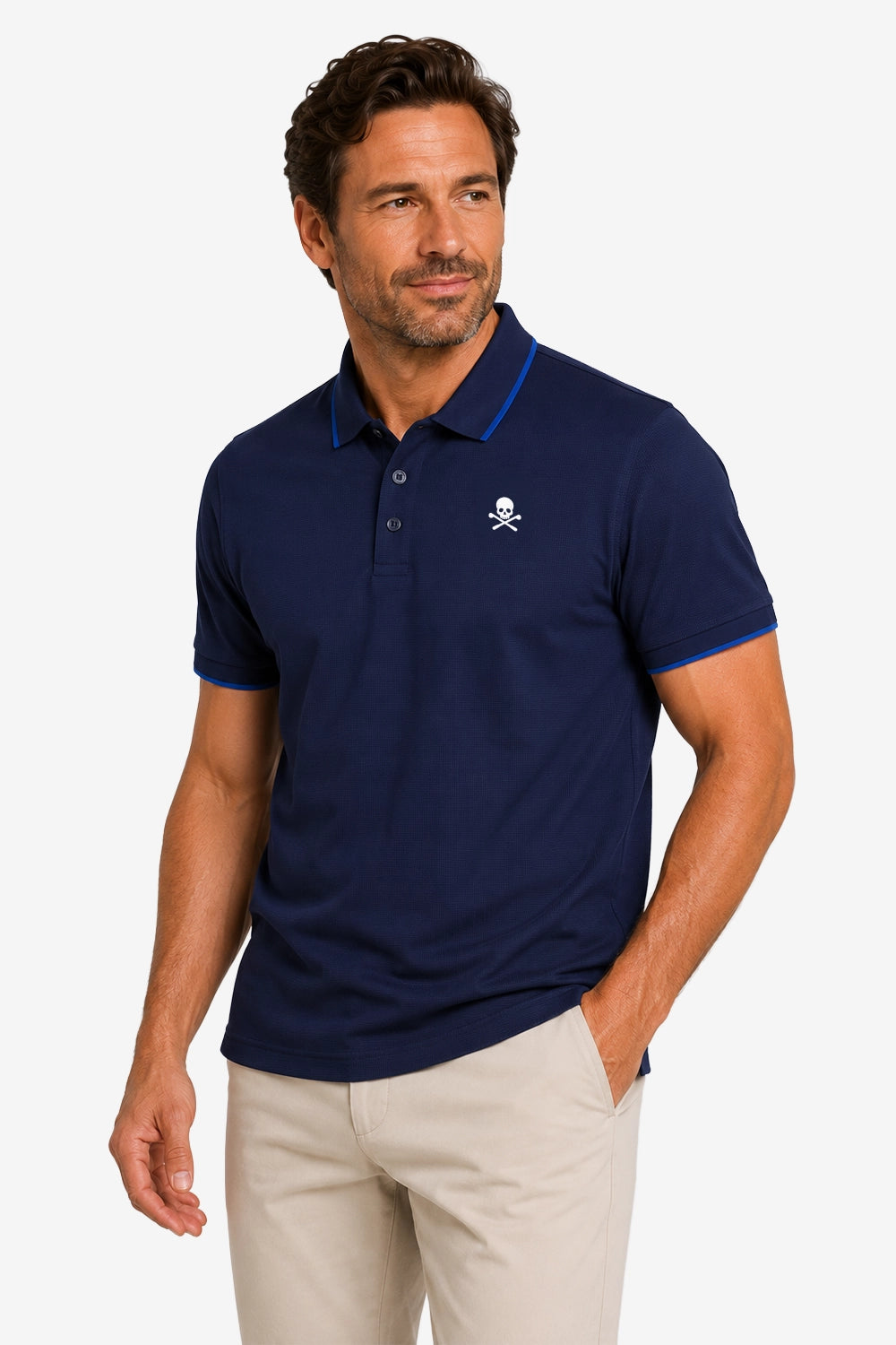 Polo de golf homme gaufré stretch bleu marine, col polo, logo crâne sur la poitrine