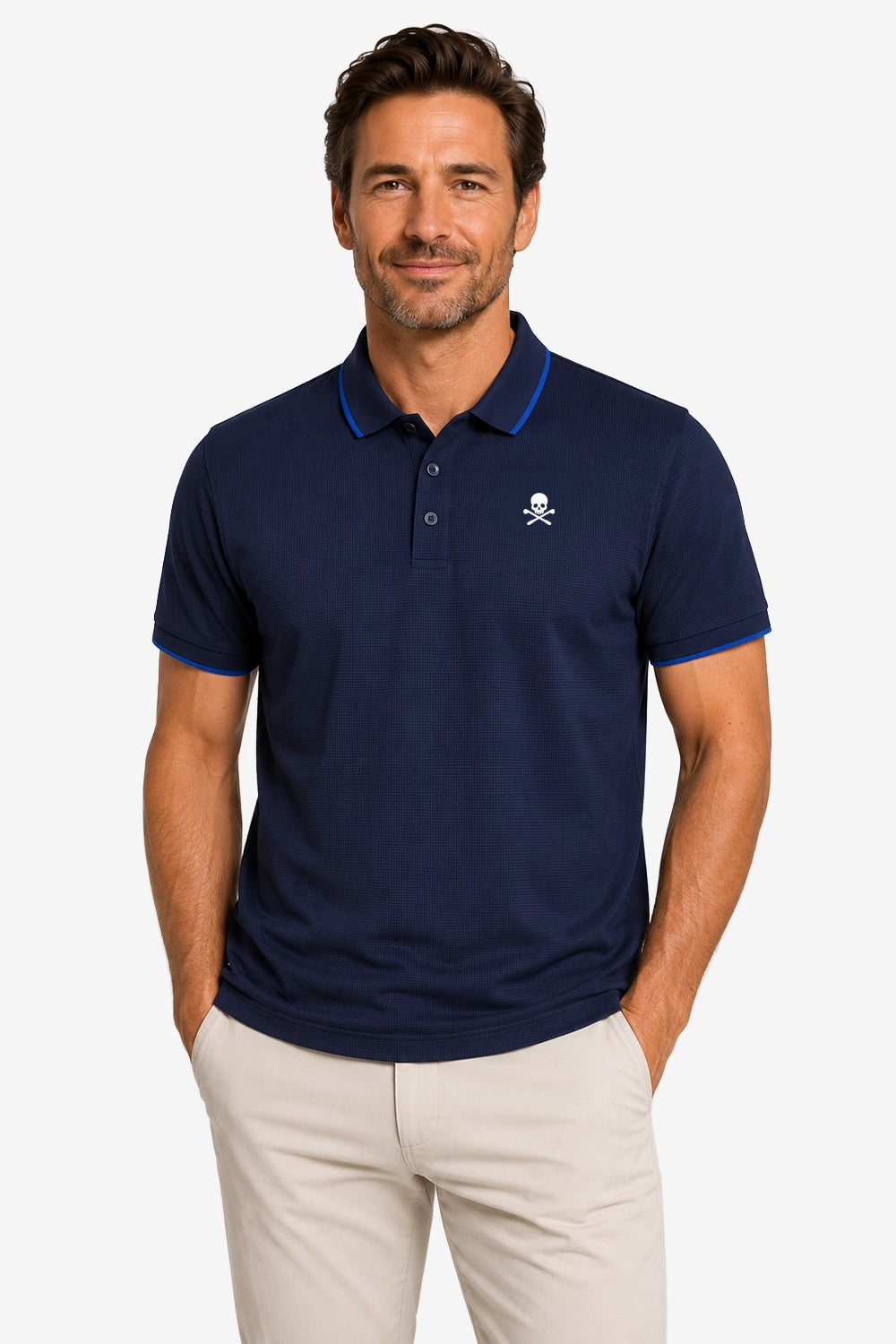 Polo de golf homme gaufré stretch bleu marine, col boutonné, logo crâne sur la poitrine