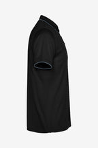 Polo de golf homme gaufré stretch noir, vue de côté avec manches courtes et col