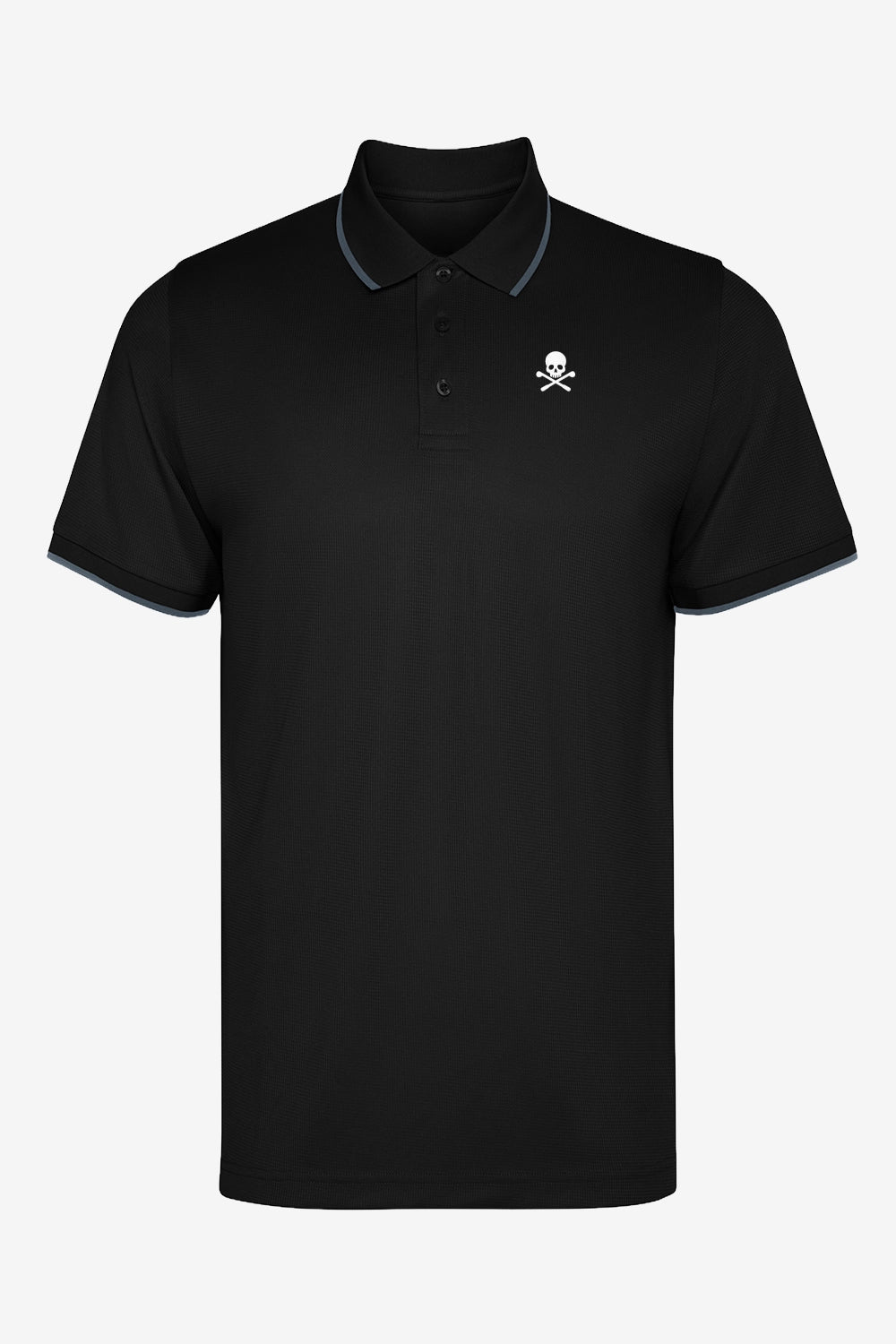 Polo noir manches courtes, col boutonné, logo tête de mort sur le torse